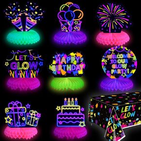 10 Pieces Glow in The Dark Party Table Decorations, Neon Table Honeycomb Centerpiece and Let's Glow Tablecloths Set - Black Light Table Topper Neon Decorations for Kids Glow in Dark Party Supplies