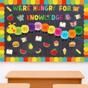 Colarr Color Caterpillars Bulletin Board Decorations Set Rainbow Hungry for Knowledge Caterpillar Classroom Decor with Border Trim Tissue Poms Paper Cutouts for Back to School Bulletin Board Wall