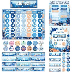 Pasimy Classroom Calendar Bulletin Board Set Calendar Seasons Weather Week Chart Wall Decor Blue Ocean Classroom Display with Stickers for Teacher Preschool Elementary Bedroom Back to School Supplies