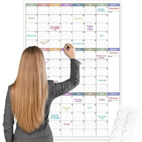Large Dry Erase Calendar For Wall - Undated 3 Month Calendar, 28'' x 40'', Erasable & Reusable Laminated White Board, 8 Round Stickers, Vertical Calendar for Office, Home and School
