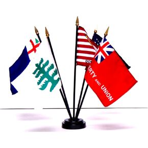 Colonial American Flag Set of 5 Rayon 4"x6" Flags with 5-hole base, 4x6 Miniature Bunker Hill, First Navy Jack, Pine Tree, Serapis and Taunton Desk & Table Flags, Small Mini Stick Flags