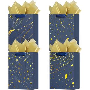 OFIHANLY 4 Pack 9" Small Size Gift Bags with Handles for Him Men Dad Fathers Navy Blue Paper Gift Wrap Bags for Presents with Tissue Paper for Birthday,Party,Anniversary,Holiday