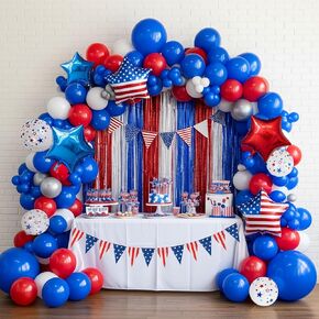kozee Red White and Blue Patriotic balloon garland arch kit 136pcs with starburst star print balloons for 4th of July Memorial independent day decorations