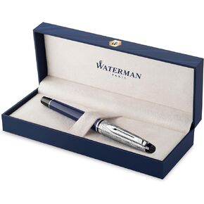 Waterman Expert Fountain Pen | Metal & Blue Lacquer | Chiselled Cap | Stainless Steel Medium Nib | Blue Ink | Gift Box