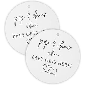 Pop and Cheer When Baby is Here Hang Tag w/Holes | 30pk 2.5" Black and White Girl Cards Stickers Modern Minimalist Champagne Tags Ribbon