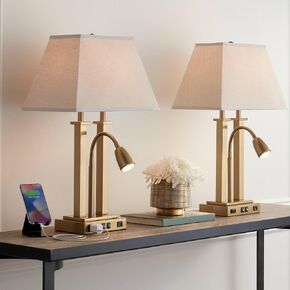 Possini Euro Design Deacon 26 "مصابيح مكتب تقليدية عالية مجموعة من 2 OUSB Port AC Outlet Groasseck Gold Brass Finish Metal Daymeal Shade Office Office غرفة معيشة شحن غرفة نوم سرير