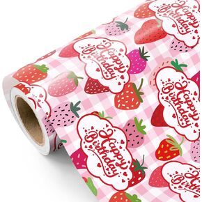 WRAPAHOLIC Strawberry Birthday Wrapping Paper Roll - Mini Roll - 17 Inch x 16.5 Feet - Happy Birthday and Strawberry Wrapping Paper Perfect for Women Girls, Wedding, Bridal Shower