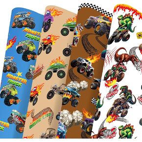 GLURUITE Monster Truck Wrapping Paper 8pcs Monster Truck Birthday Decorations with Cartoon Truck Dinosaur Hot Wheels Patterns for Birthday Gifts, Themed Party and Holiday