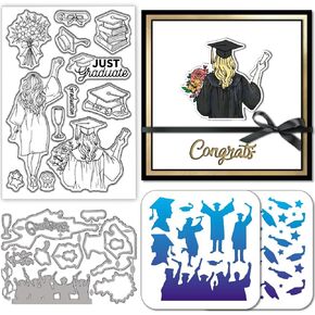 GLOBLELAND Graduation Season Clear Silicone Stamp Metal Women Back Bouquet Frame Cutting Die Cuts Layering Graduation Silhouette Paint Craft Stencils for Card Making Scrapbooking Craft DIY Embossing