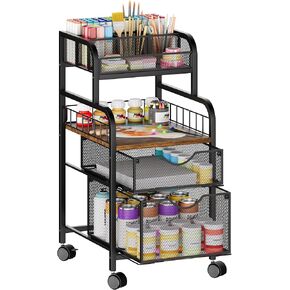 SWTYMIKI Rolling Cart with Drawers - Metal Utility Cart with Wood Shelf, DIY Divider and Locking Wheels, Craft & Art Cart Organizer for Under Desk Storage for Home Office Studio, Black