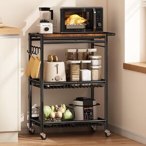 Microwave Kitchen Cart with Push Handle, 3 Tire Rolling Cart with 210Lbs Capacity, Vintage Kitchen Storage Cart with 2 Lockable Wheels for Kitchen, Restaurant, Living Room, Office, Balcony