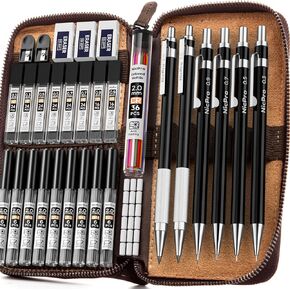 Nicpro 20PCS Black Metal Mechanical Pencil Set in Leather Case, 0.3, 0.5, 0.7, 0.9 mm & 2mm Lead Pencil Holders, (4B 2B HB 2H) Lead Refills (Black & Colors), Erasers For Art Drafting Sketching Drawing