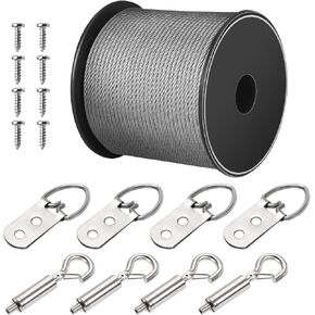 String Lights Hanging Kit, Outdoor Light Guide Wire, 1/16 Wire Rope Kit Includ 98.4FT Picture Wire 4Pcs D-Ring Hangers 8Pcs Screws, Adjustable Hanging Hooks for Hanging Picture Frame Mirror Wall Art