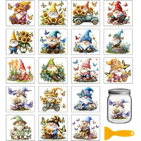 Globleland 18 Sheets Gnome Rust on Transfer 3.9x3.6inch Colorful Daisy Butterfly Vase Home Home Flowers Dwarf Cup Transfer Stickers for Fase Glass Art Crafts Decorations