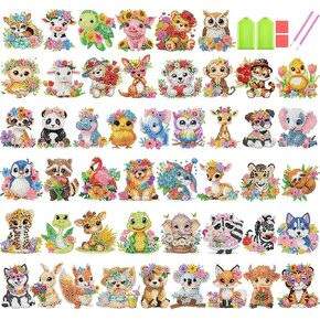 xackcme 48 Pcs Diamond Art Painting Sticker Kits for Kids, Animal Diamond Gem Stickers Kit, 5D Animals Gem Art Stickers Mosaic for Kids Gift for Boys Girls 4-8-10-12 Years Old
