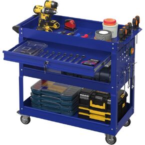 3-Tier Rolling Tool Cart with Lockable Drawer, 450LBS Capacity Heavy Duty Utility Cart on Wheels, Industrial Tool Storage for Mechanics, Garage, Warehouse, Repair Shop (Black)