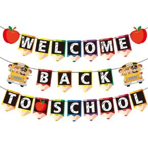 Welcome Back to School Decorations Banner Welcome Pencil Apple Decor Happy First Day of School Garland for Classroom Teacher Office Home Party