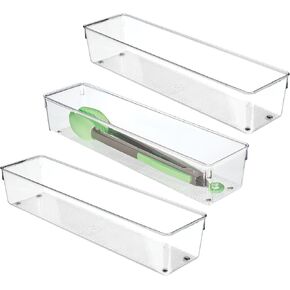 iDesign Plastic Drawer Organizer Bins - Storage for Kitchen, Bathroom, and Desk Drawers - Set of 3 - Clear