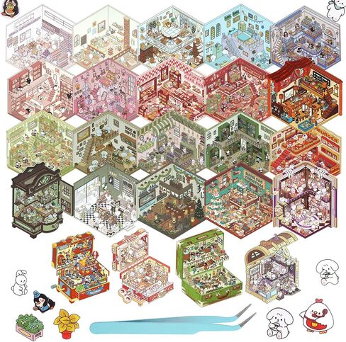 3D House Stickers, 24 Sets DIY Sticker Therapy for Adult Fun Cute Cartoon Stickers Scene Make Your Own Mini Room Scenes Miniature Supermarket for Relief Stress Pass The Time in Kuwait