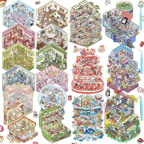 3D House Stickers, 24 Sets DIY Sticker Therapy for Adult Fun Cute Cartoon Stickers Scene Make Your Own Mini Room Scenes Miniature Supermarket for Relief Stress Pass The Time in Kuwait