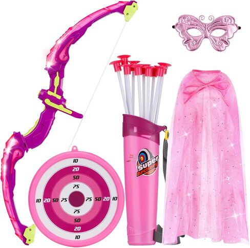 Vgofun Kids Bow and Arrow Set: LED Light Up Archery Toy مع Princess Cape and Theadband ، 10 Arrows Cup Arrows ، Home Toys Outdoor for 3-8 And in Kuwait