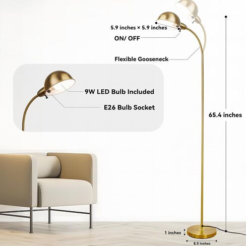 Dimmable Floor Lamp with Flexible Gooseneck and Rotatable Shade, Modern Style Standing Tall Lamp, E26 Socket, LED Reading Lamp (Gold) in Saudi Arabia