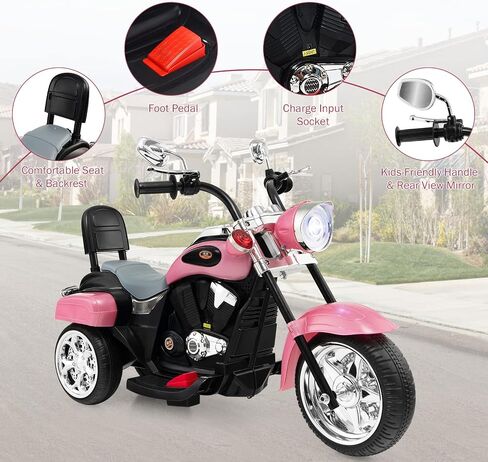 Kids Ride On Toy, 6V Battery-Powered Mini Electric Motorbike w/Music, Forward/Reverse Switch, Horn, Headlights & Foot Pedal, 3 Wheel Motorcycle Trike for Boys Girls Gift, Ages 3+ (Pink) in Saudi Arabia