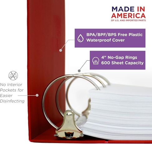 Carstens 4-Inch Heavy Duty 3-Ring Binder - Side Opening, Brick Red, Durable Plastic, Precision No-Gap Rings, Waterproof Cover, No Pockets, Holds 600 US Letter Sheets, BPA-Free, Made in USA (1840-3R) in Saudi Arabia