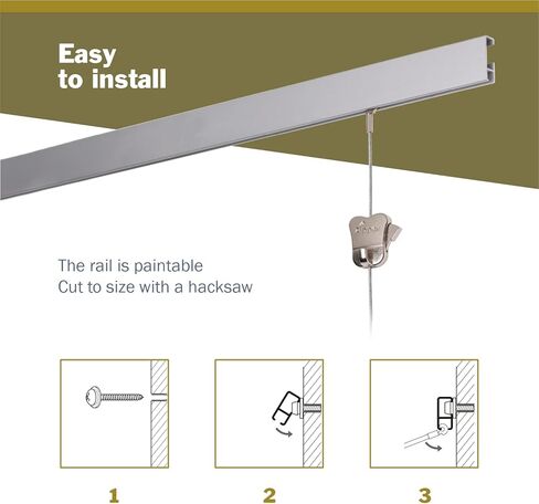 مجموعة STAS ClipRail Picture System Set - تغطي 9.84 قدمًا من مساحة الجدار - مجموعة معرض الصور والفنون الأساسية (Rails White ، تشمل 6 خطافات و 4 حبال) in Kuwait