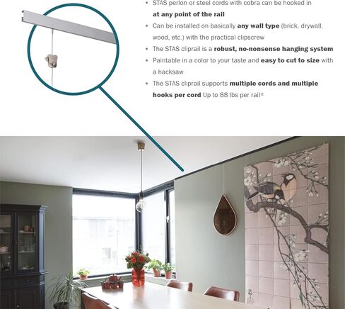 مجموعة STAS ClipRail Picture System Set - تغطي 9.84 قدمًا من مساحة الجدار - مجموعة معرض الصور والفنون الأساسية (Rails White ، تشمل 6 خطافات و 4 حبال) in Kuwait