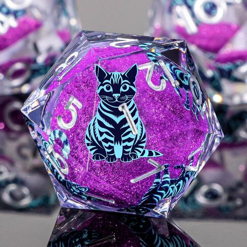 KERWELLSI Cat DND Dice Set, 7pcs Liquid Core Role Playing Game Dice with Gift Box, Polyhedral Resin Sharp Edged D and D Dice Set with Gift Box D20 D12 D10 D8 D6 D4, Blue and Purple Cat in Kuwait