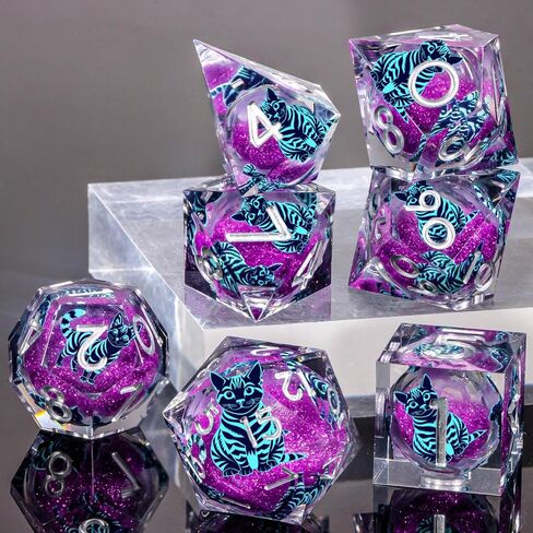 KERWELLSI Cat DND Dice Set, 7pcs Liquid Core Role Playing Game Dice with Gift Box, Polyhedral Resin Sharp Edged D and D Dice Set with Gift Box D20 D12 D10 D8 D6 D4, Blue and Purple Cat in Kuwait