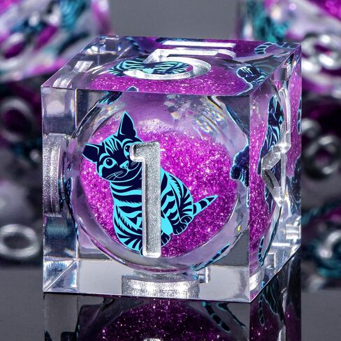 KERWELLSI Cat DND Dice Set, 7pcs Liquid Core Role Playing Game Dice with Gift Box, Polyhedral Resin Sharp Edged D and D Dice Set with Gift Box D20 D12 D10 D8 D6 D4, Blue and Purple Cat in Kuwait