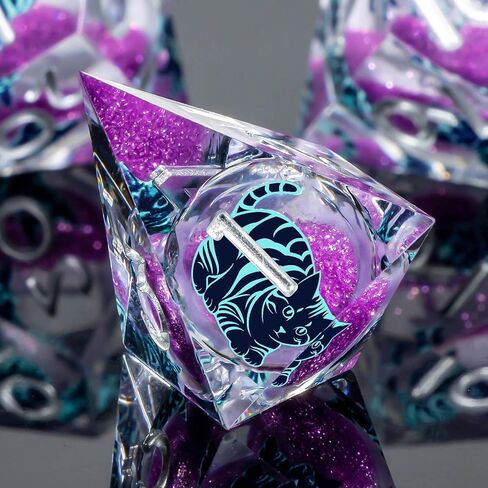 KERWELLSI Cat DND Dice Set, 7pcs Liquid Core Role Playing Game Dice with Gift Box, Polyhedral Resin Sharp Edged D and D Dice Set with Gift Box D20 D12 D10 D8 D6 D4, Blue and Purple Cat in Kuwait