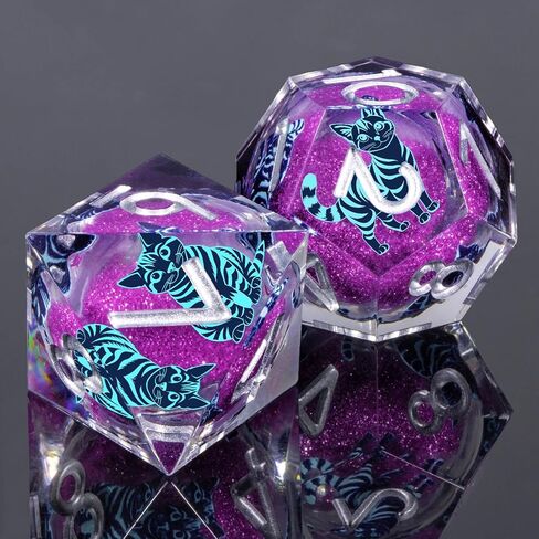 KERWELLSI Cat DND Dice Set, 7pcs Liquid Core Role Playing Game Dice with Gift Box, Polyhedral Resin Sharp Edged D and D Dice Set with Gift Box D20 D12 D10 D8 D6 D4, Blue and Purple Cat in Kuwait