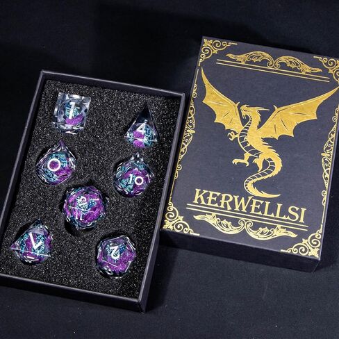 KERWELLSI Cat DND Dice Set, 7pcs Liquid Core Role Playing Game Dice with Gift Box, Polyhedral Resin Sharp Edged D and D Dice Set with Gift Box D20 D12 D10 D8 D6 D4, Blue and Purple Cat in Kuwait