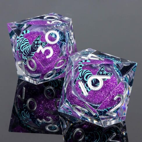 KERWELLSI Cat DND Dice Set, 7pcs Liquid Core Role Playing Game Dice with Gift Box, Polyhedral Resin Sharp Edged D and D Dice Set with Gift Box D20 D12 D10 D8 D6 D4, Blue and Purple Cat in Kuwait