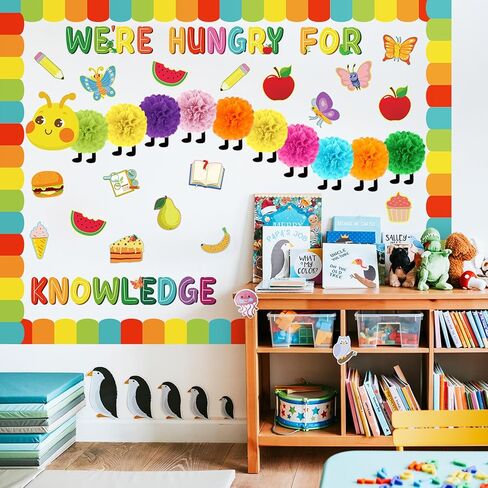 Colarr Color Caterpillars Decorations Bulletin Board Decorations مجموعة قوس قزح جائع للمعرفة ديكور الفصول الدراسية Caterpillar مع حدود الأنسجة POMS POMS للعودة إلى BOUNDIN BULLE in Kuwait