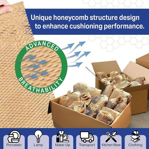 Honeycomb Packing Paper Roll - 15" x 328 ft, Eco-Friendly Kraft Cushion Wrap for shipping, Moving, Packing & Gift Wrapping - Paper Alternative to Bubble Wrap in Saudi Arabia
