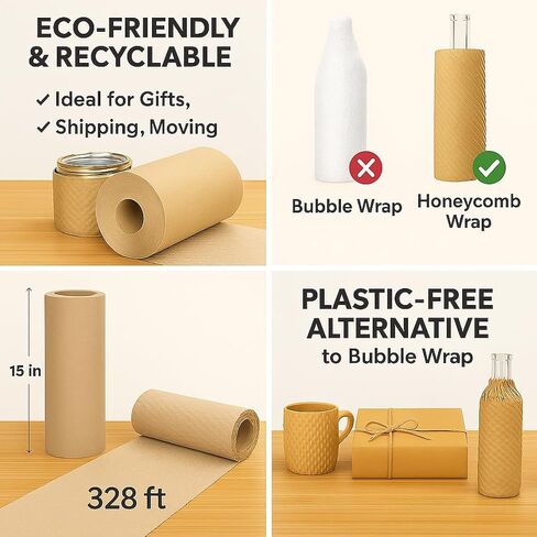 Honeycomb Packing Paper Roll - 15" x 328 ft, Eco-Friendly Kraft Cushion Wrap for shipping, Moving, Packing & Gift Wrapping - Paper Alternative to Bubble Wrap in Saudi Arabia