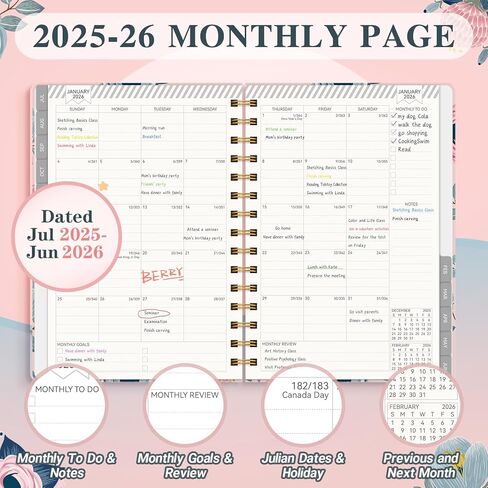 Planner 2025-2026 Planner Weekly and Monthly ، يوليو 2025-يونيو 2026 مخطط تقويم الغلاف 2025-2026 للنساء الحلزوني ، الجيب الداخلي ، 6 "× 8.5" in Kuwait