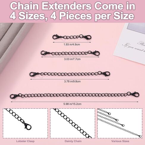 16pcs 4 Styles Necklace Chain Extender Black Iron Chain Extension with Zinc Alloy Lobster Clasp for Jewelry Making Supplies in Saudi Arabia