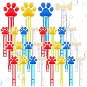 24 Pcs Paw Party Favors Paw Print Bubble Wands Bulk Red Yellow Blue Dog Bone Mini Bubble Wands for Dog Birthday Baby Shower Party Decoration