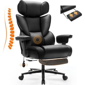 Office Chair with Foot Rest and Waist Lumber Support, Ergonomic Gaming Chair with Adjustable Height Headrest, High-Back Leather Reclining Chair for Home, Black
