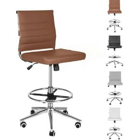 LUCKWIND Drafting Chair Tall Office Chair Ribbed - Mid-Back PU Leather Standing Desk Stool with Adjustable Foot Ring Wide Seat Tilt-Tension Rocker Lumbar Support Swivel Rolling 400lbs, Brown