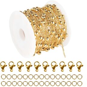 UMAOKANG 16.4 Feet Gold Stainless Steel Chains for Jewelry Making 4mm Ball Beaded Link Cable Chain Necklace Spool Bulk with 10 Lobster Clasps and 30 Jump Rings for Men Women