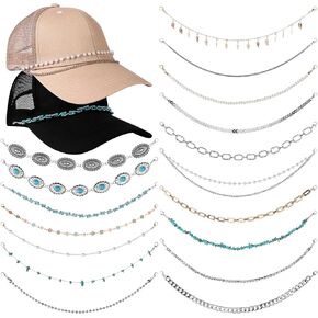 17 Pcs Trucket Hat Chains Bill Trucker Hat Charms Detachable Turquoise Metal Pearl Hat Chain Decor DIY Mesh Baseball Cap Brim Necklace Purse Accessories Assorted Styles for Women Man