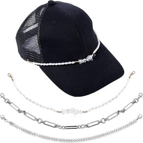 3pcs Trucker Hat Chains, Metal Pearl Trucker Cap Charms Decorative Trucker Hat Bar Supplies Detachable DIY Hat Jewelry Accessories for Mesh Baseball Cap Decorations