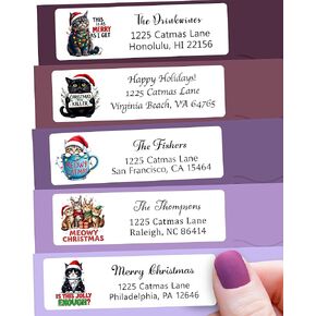 Personalized Christmas Return Address Labels - High Gloss Cat Holiday Custom Mailing Labels on Sheets - Self-Adhesive Return Stickers for Envelopes with Crisp Printing Design (50-1000)