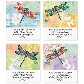 Vibrant Dragonflies Square Return Address Labels (4 Designs) - Set of 144 1-1/2" x 1-3/4" Self-Adhesive, Flat-Sheet labels